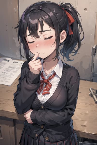 Charakterbild - shy expression, blushing, hand near mouth, sitting at desk in school uniform, eyes closed, cheeks fl