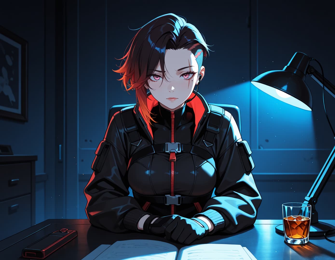 Charakterbild - seated at desk, serious expression, wearing black tactical jacket with red accents, hands clasped, i