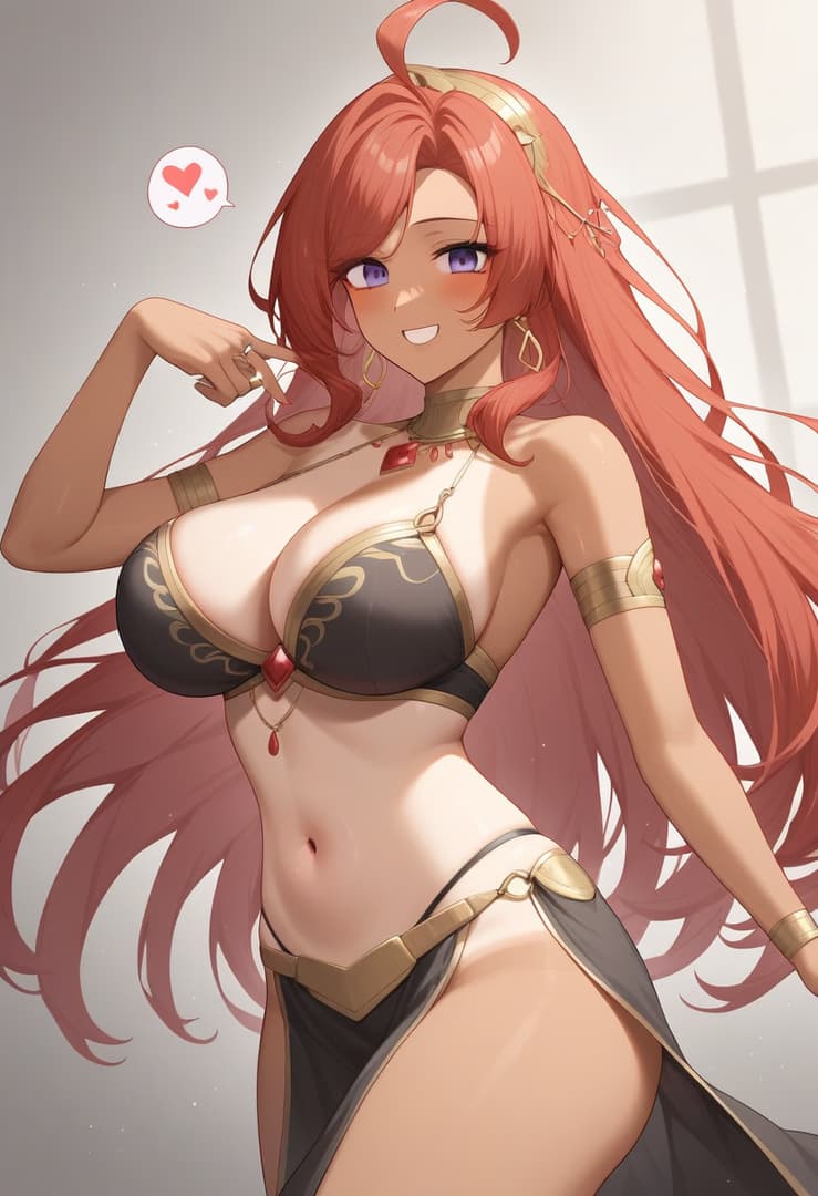 Imagem do personagem - happy and playful, posing with one hand on her hip, wearing a revealing black and gold bikini with a