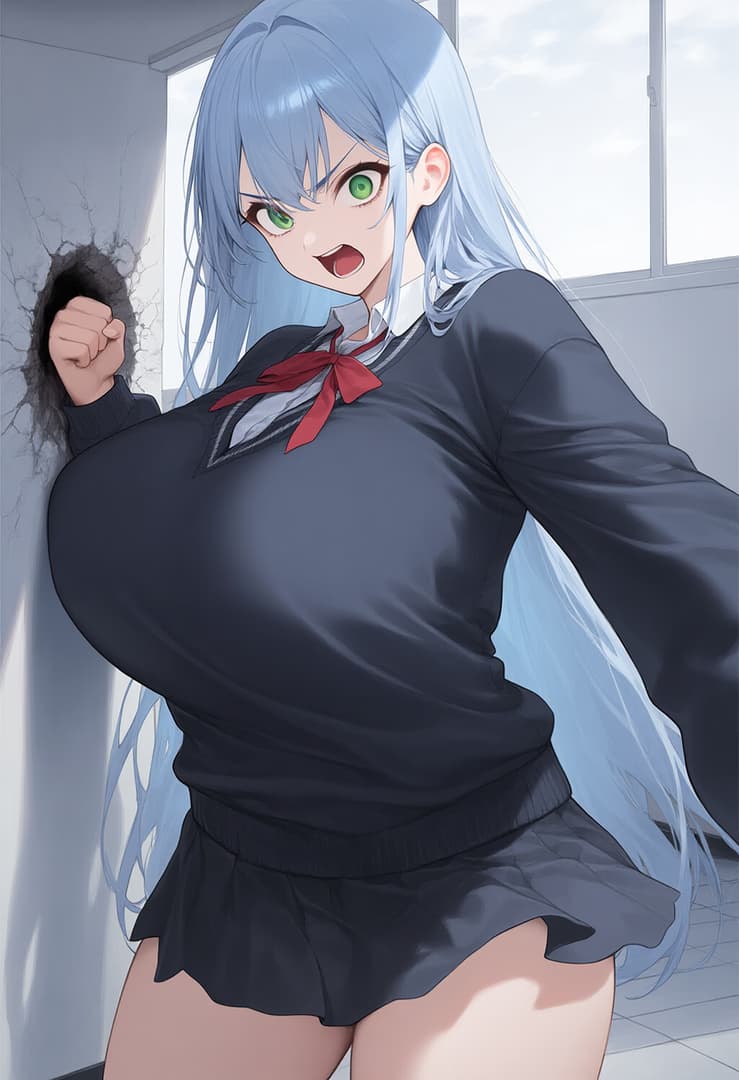 Immagine del personaggio - angry expression, fist punching wall, school uniform, blue hair, green eyes, fully clothed, classroo