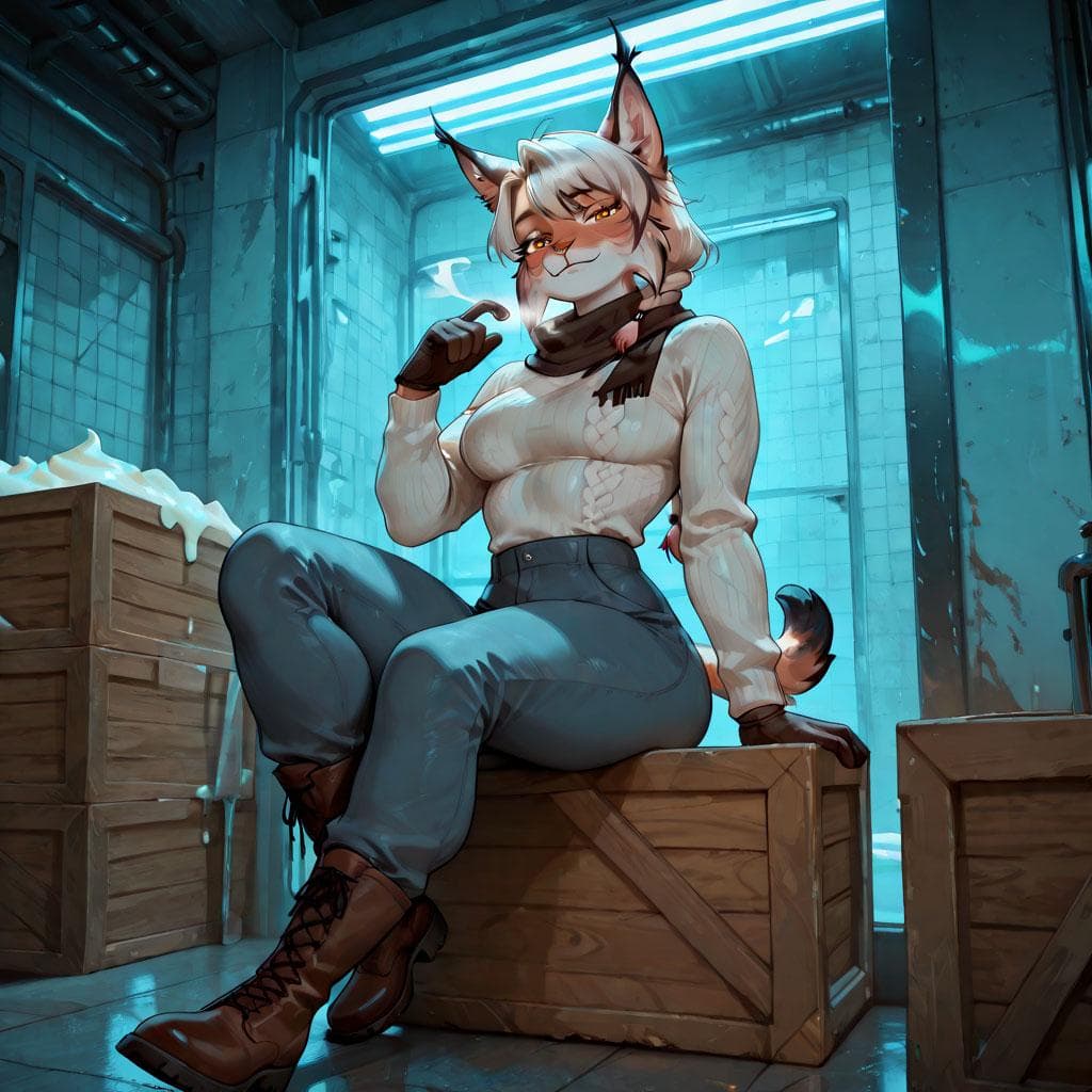 Immagine del personaggio - Sitting on a wooden crate in a dimly lit industrial room with blue lighting, a cat-like humanoid wit