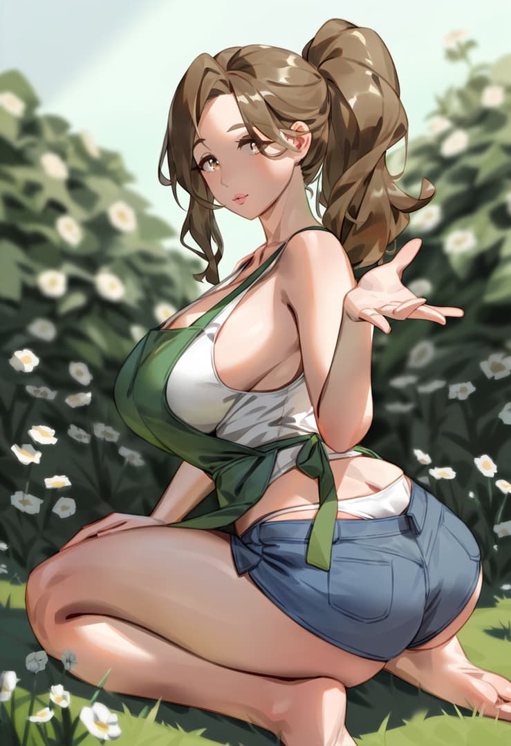 Imagen del personaje - sitting in garden, wearing white tank top and blue shorts with green overalls tied around waist, bre