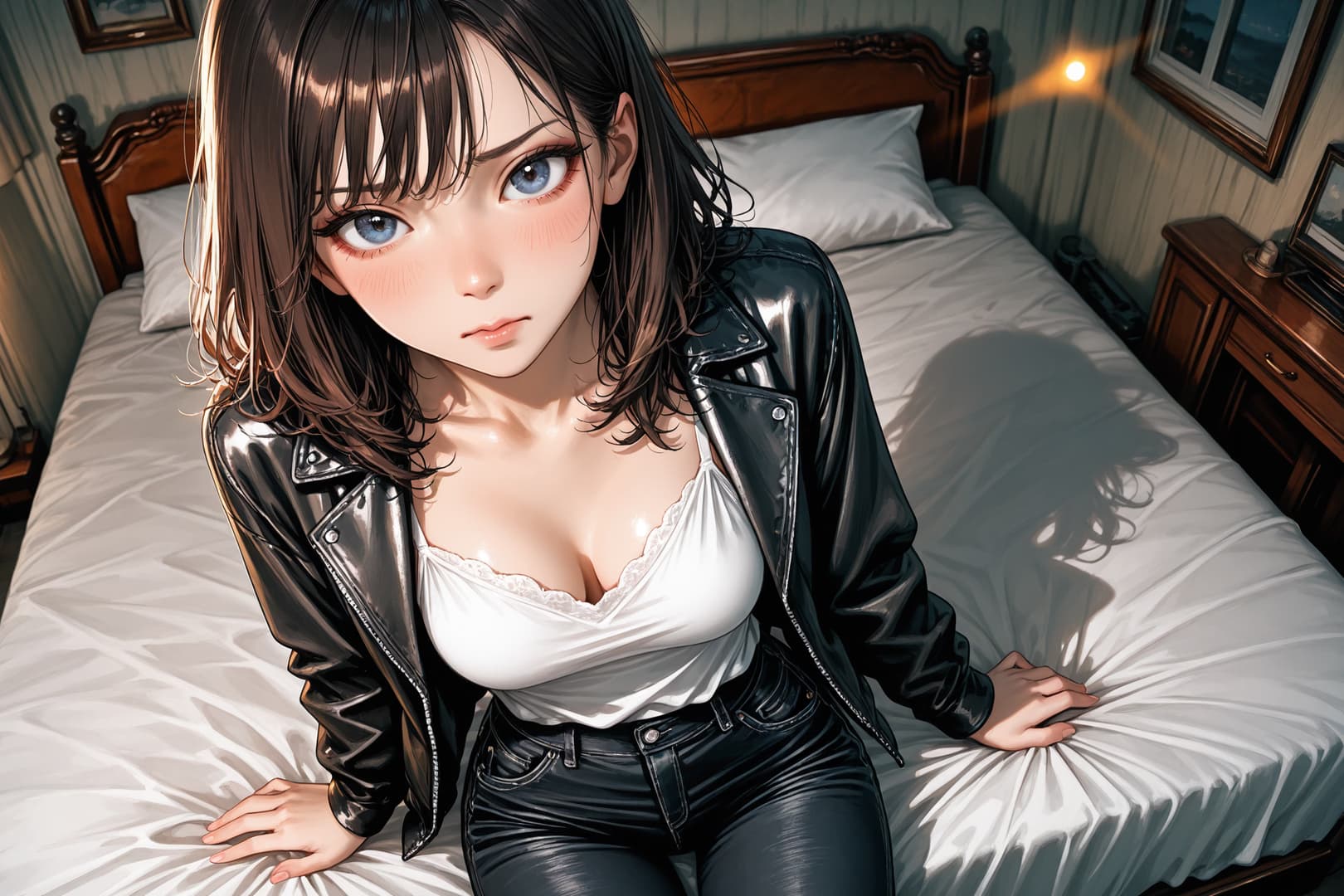Charakterbild - seductive expression, sitting on bed, wearing black leather jacket open over white lace bra, black l