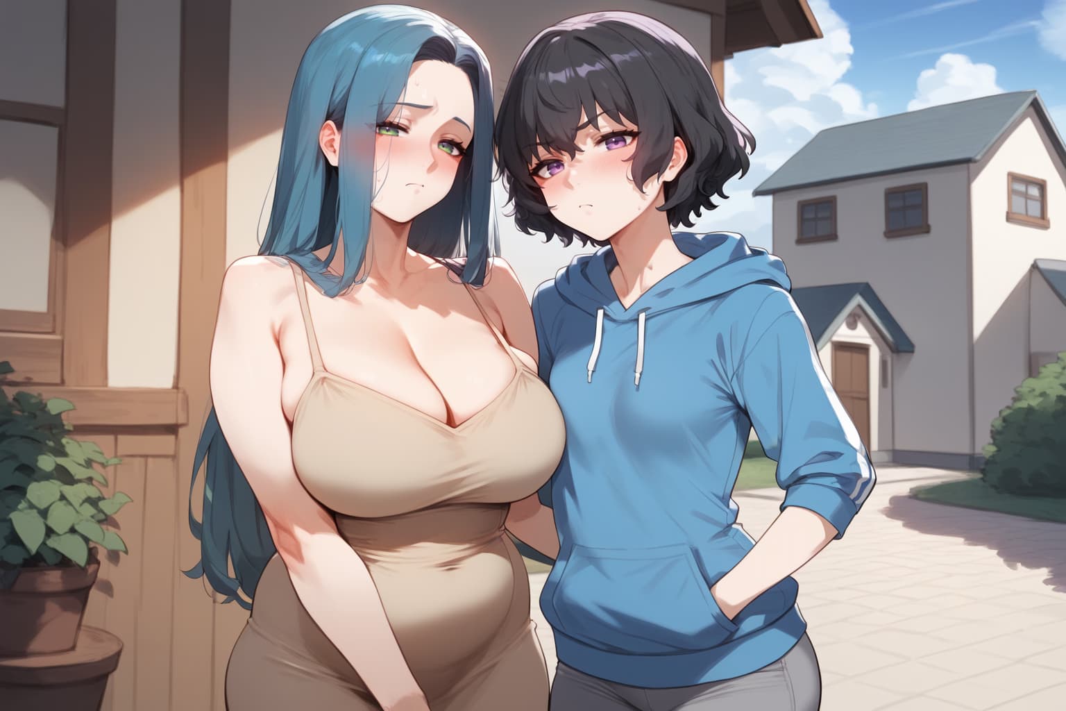 캐릭터 이미지 - two women standing outdoors, one with long blue hair wearing a beige spaghetti strap top (breasts ex