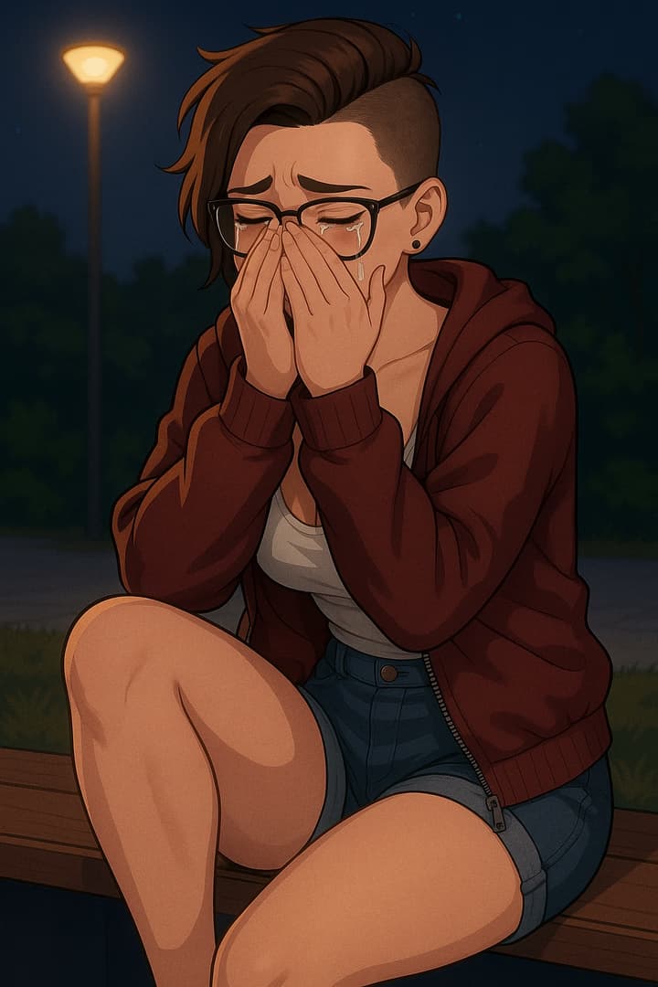 Immagine del personaggio - Sad expression, sitting on bench outdoors at night, crying with hands over face, wearing glasses, br