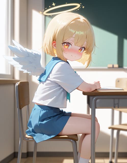รูปภาพตัวละคร - sitting at school desk, angel wings and halo, shy smile, blushing, wearing school uniform (white shi