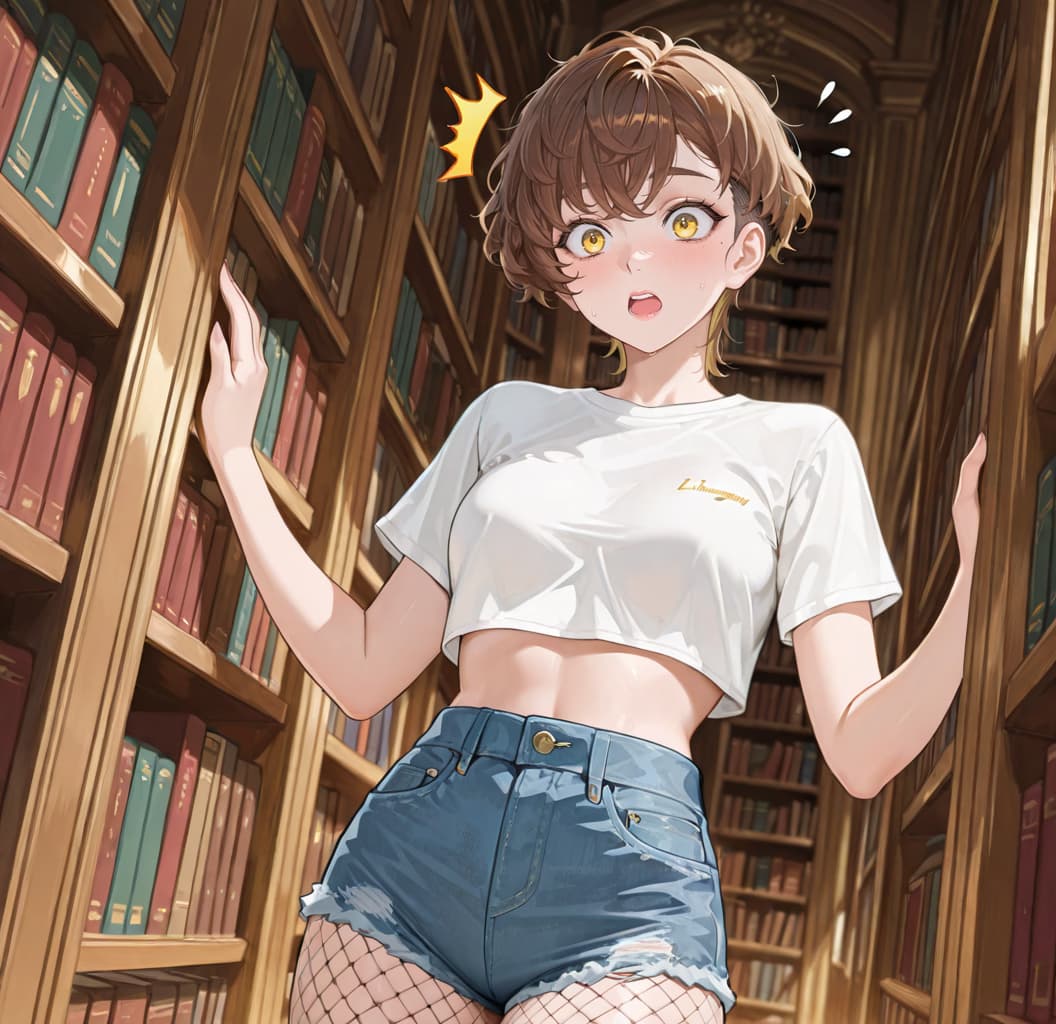 Charakterbild - Surprised expression in library, wearing white crop top and ripped denim shorts with fishnet stockin