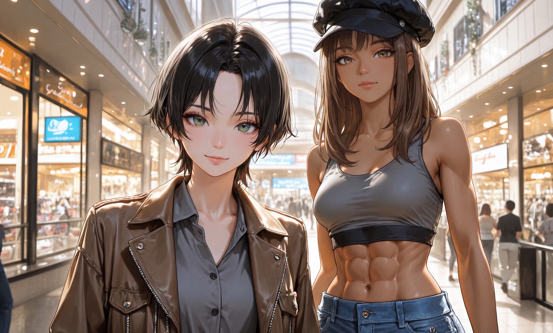 Obraz postaci - Two women standing in a shopping mall, both fully clothed. The woman on the left has short black hai