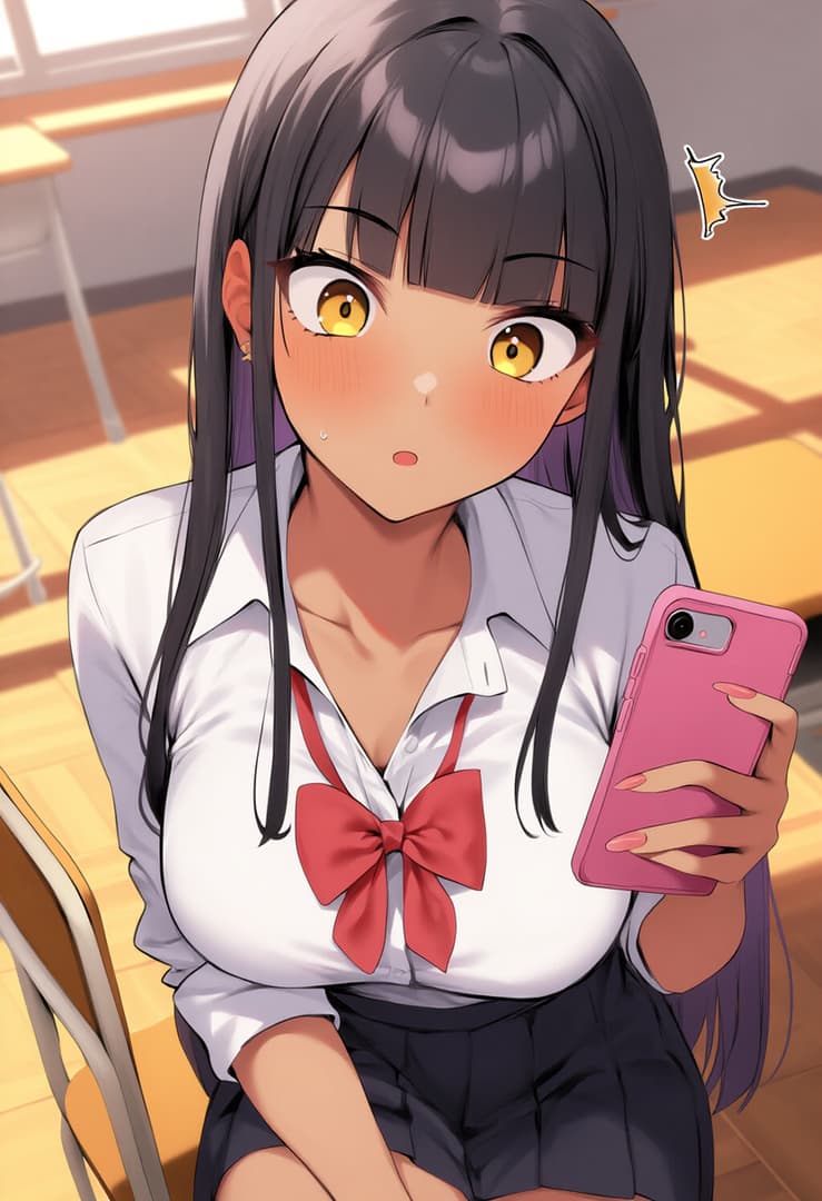 Immagine del personaggio - shy expression in classroom, wearing school uniform with red bow, holding pink phone, blushing with