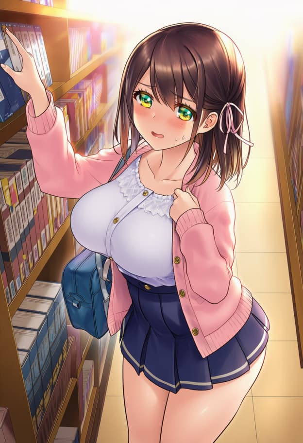 Immagine del personaggio - in library, shy expression, wearing school uniform with pink cardigan, hand on bookshelf, blushing,