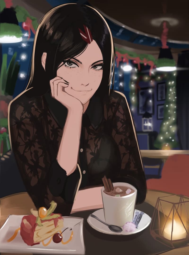 Karakter görseli - sitting in a cozy cafe, smiling softly with hand under chin, wearing a black lace top, enjoying hot