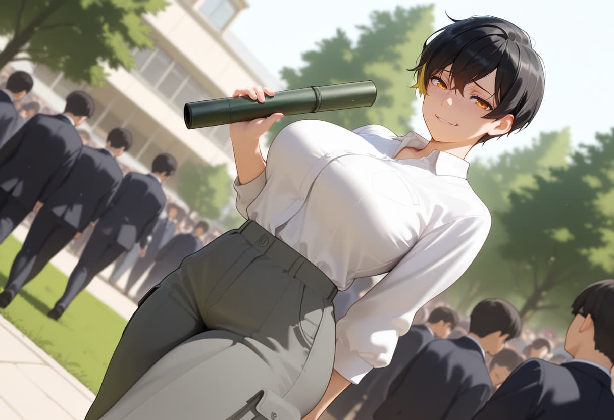 صورة الشخصية - female character in school uniform, holding rolled diploma, smiling seductively, leaning forward wit
