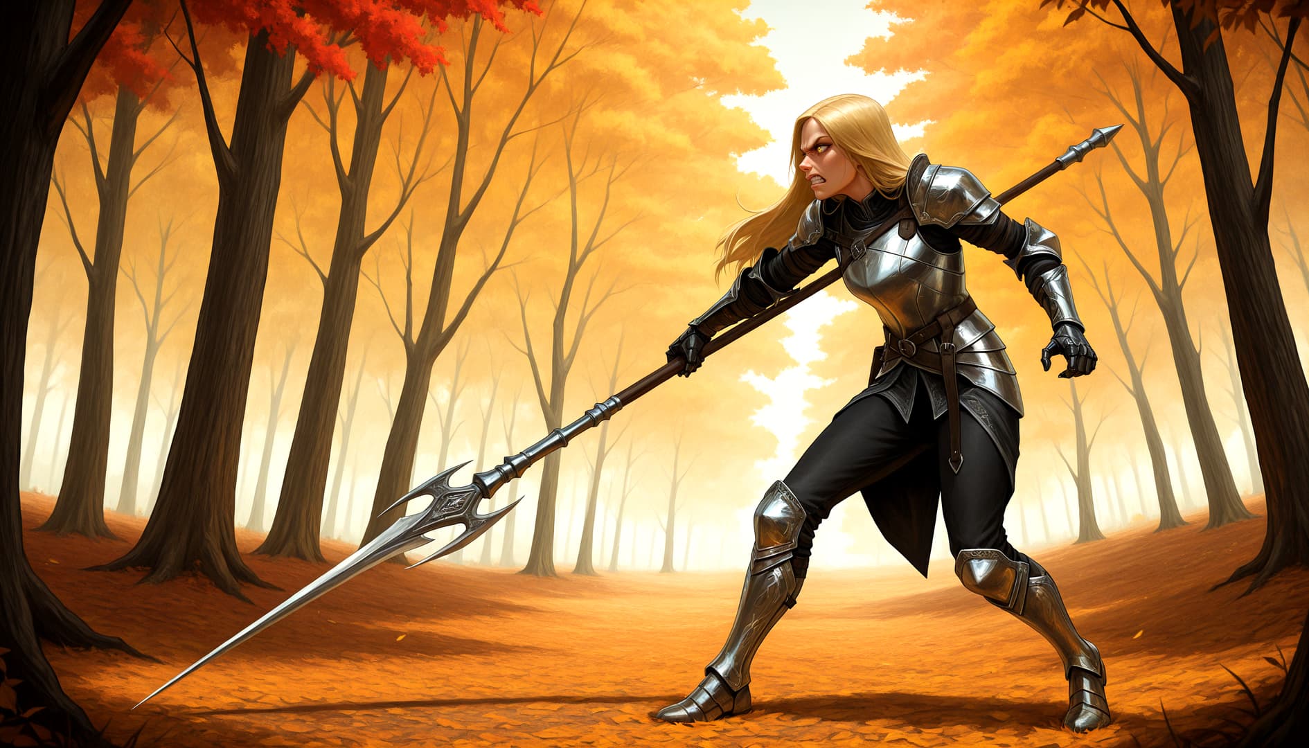 Imagen del personaje - Angry expression, standing in autumn forest, wearing silver armor and black clothing, holding a long