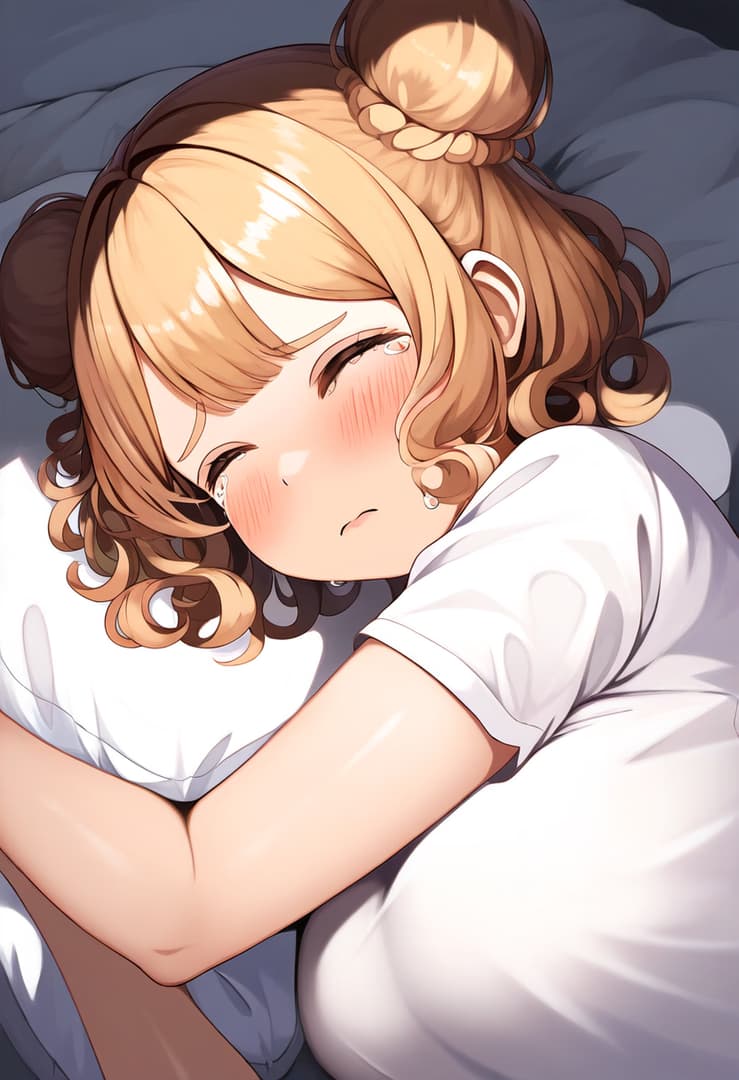 Karakter görseli - lying on bed, hugging pillow, blonde hair in buns, blushing face, shy expression, wearing white t-sh