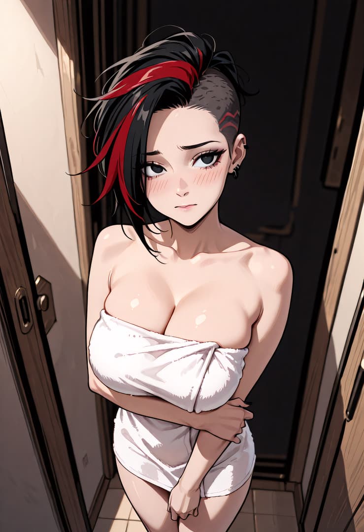 Immagine del personaggio - topless in hallway, wrapped in white towel, breasts exposed, shy expression, blushing, standing with