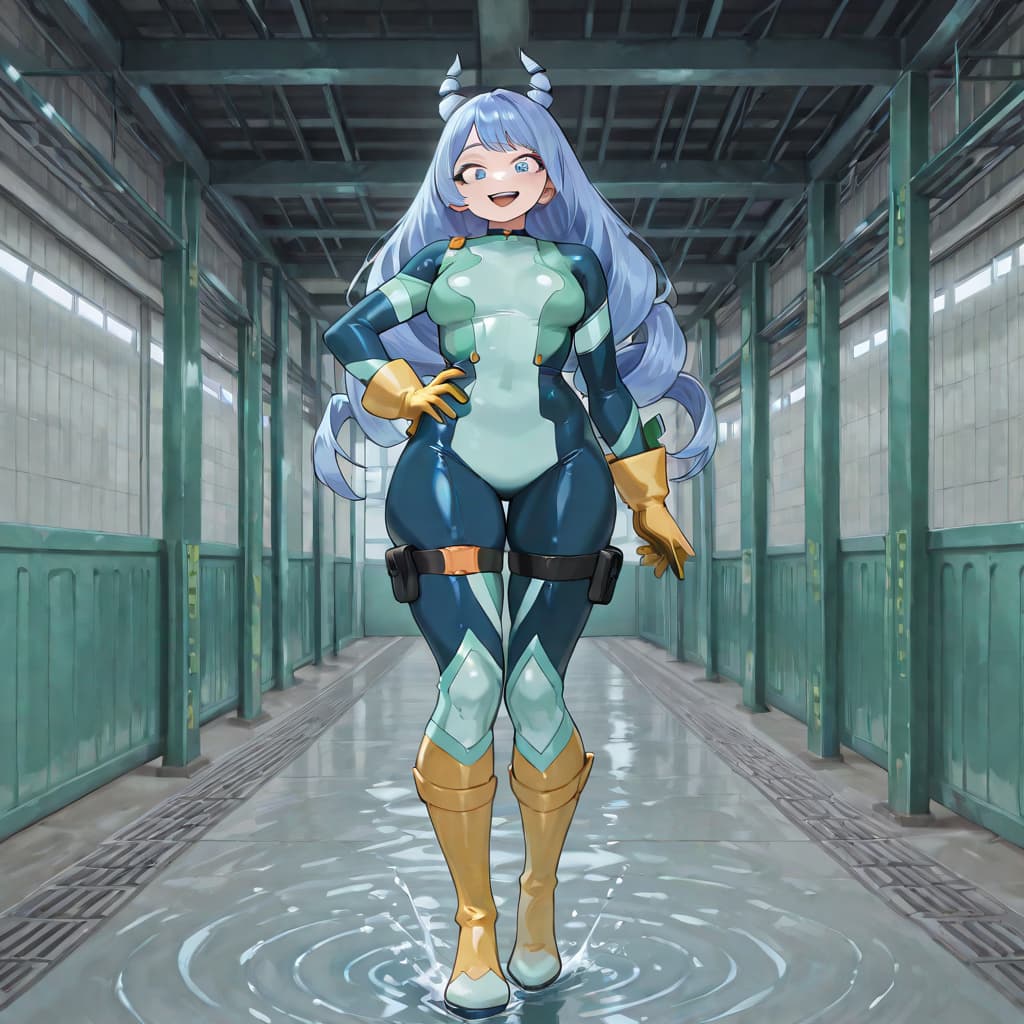 Karakter görseli - happy expression, standing in flooded hallway, fully clothed in hero costume, hands on hips, one foo