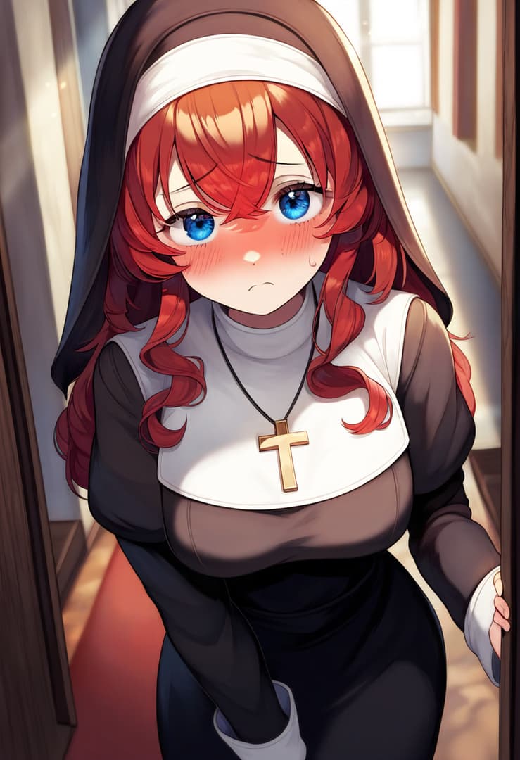 Изображение персонажа - shy expression, blushing, in a nun outfit, standing in a hallway, fully clothed, modest pose, lookin