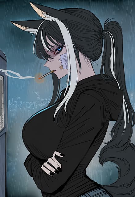 Obraz postaci - in rain, leaning against wall, arms crossed, smoking cigarette, wearing black hoodie, long black and