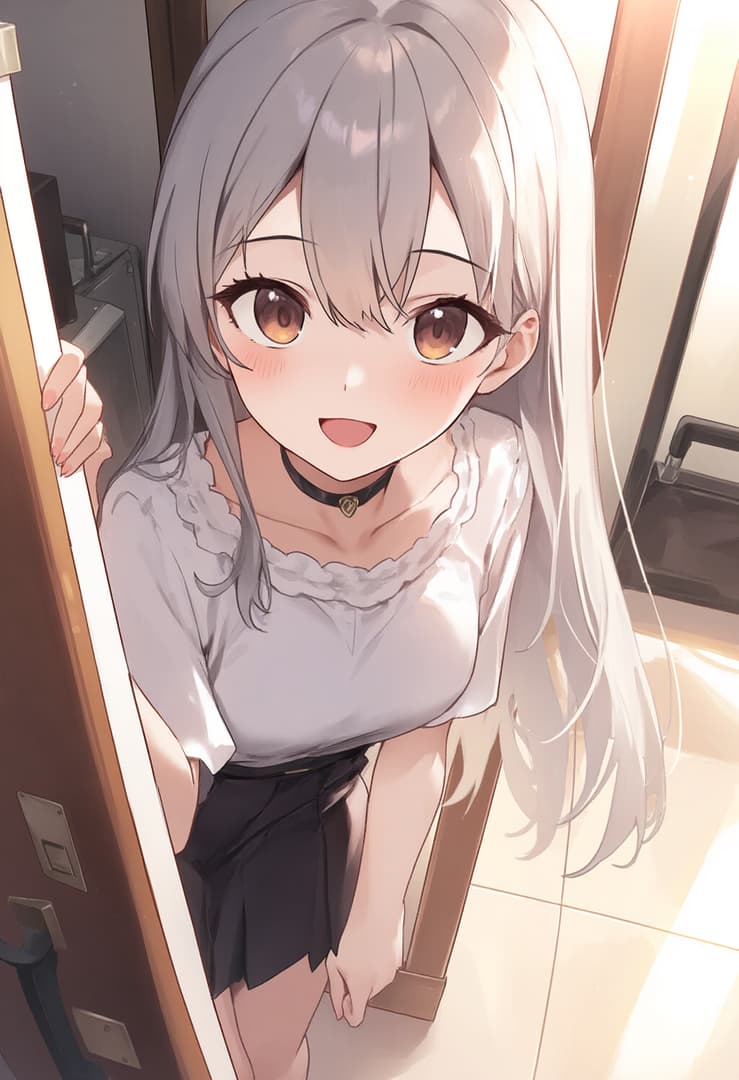 Charakterbild - Happy expression, leaning forward in doorway, wearing white blouse and black skirt, fully clothed, p