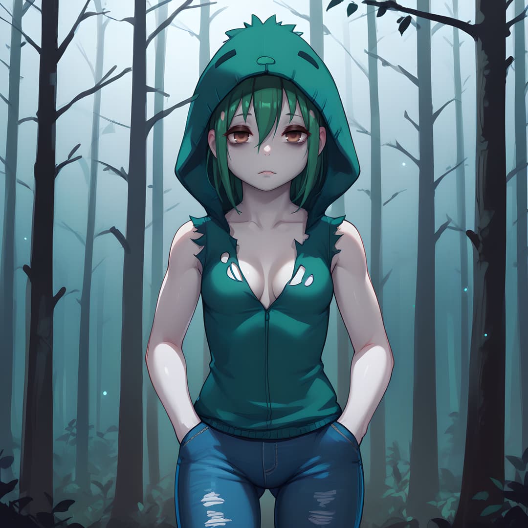 Image du personnage - in forest, wearing torn green hoodie and ripped jeans, hands in pockets, neutral expression, breasts