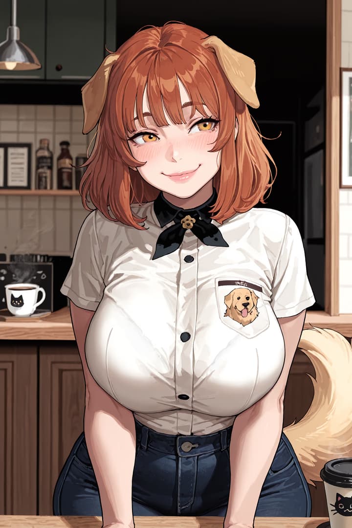 캐릭터 이미지 - in cafe, smiling seductively, wearing white button-up shirt with dog patch and black bow tie, breast