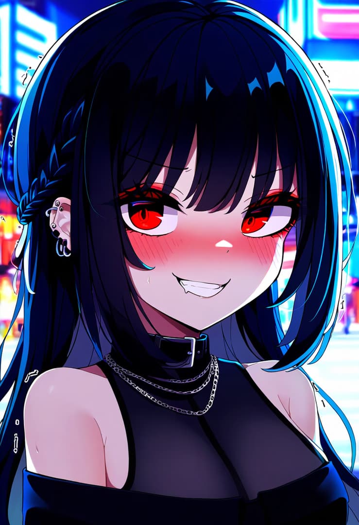 Obraz postaci - seductive smile, red eyes, blush, black choker with chains, dark blue hair with blue highlights, urb