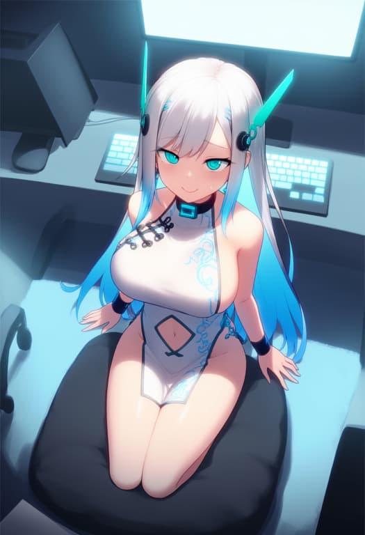 캐릭터 이미지 - sitting in chair, legs spread, nude with breasts and genitals visible, seductive expression, in offi