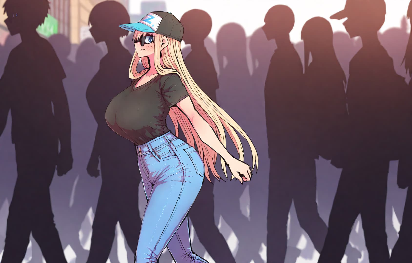Karakter görseli - confident and slightly smug expression, walking through crowded street, wearing baseball cap, black