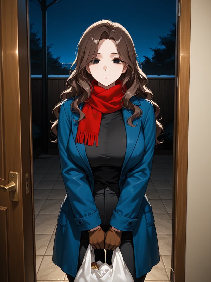 Изображение персонажа - woman standing in doorway at night, wearing blue coat, red scarf, black top and pants, holding white