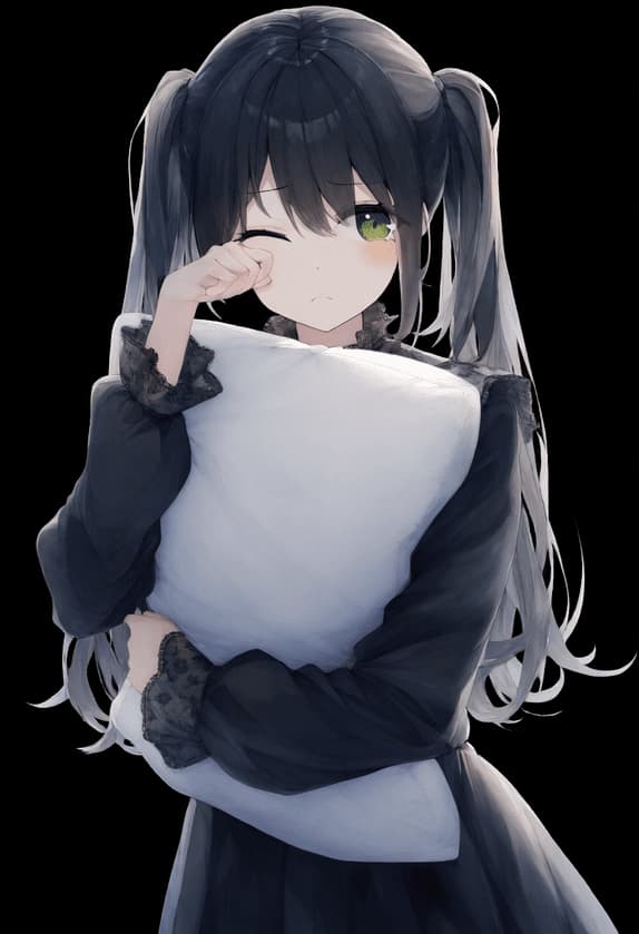 Obraz postaci - shy expression, winking, hugging white pillow, wearing black dress with lace sleeves, cozy and playf