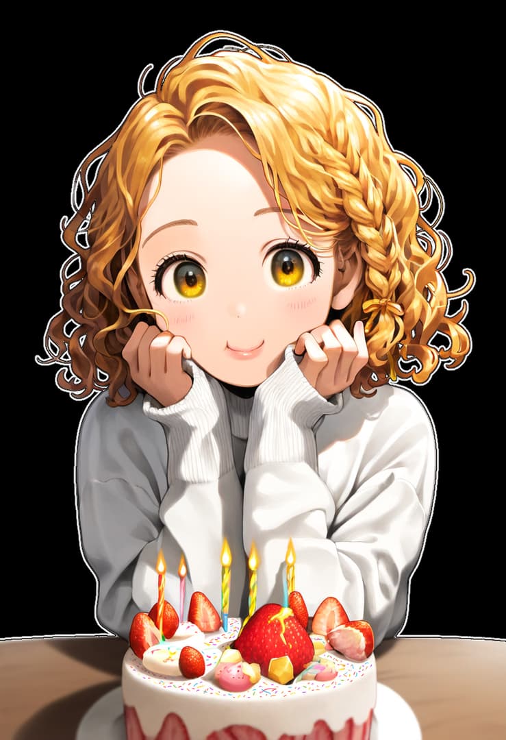 Imagem do personagem - Happy expression, sitting at table, hands under chin, wearing white sweater, birthday cake with cand