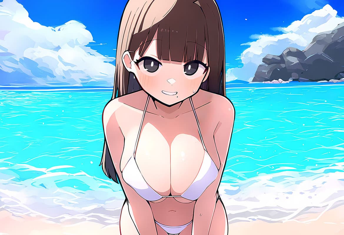 캐릭터 이미지 - at beach in white bikini, sitting in shallow water, happy and playful expression, breasts exposed, l
