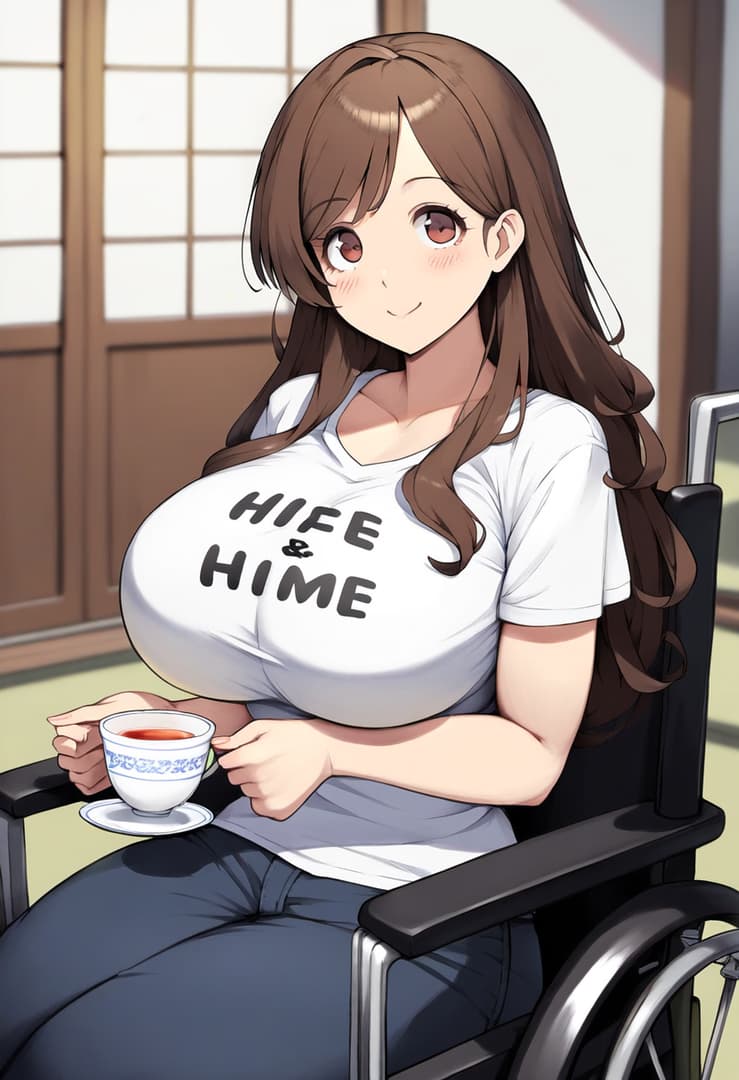 Immagine del personaggio - seated in wheelchair, holding tea cup, smiling gently, wearing white t-shirt with "HIFE & HIME" text
