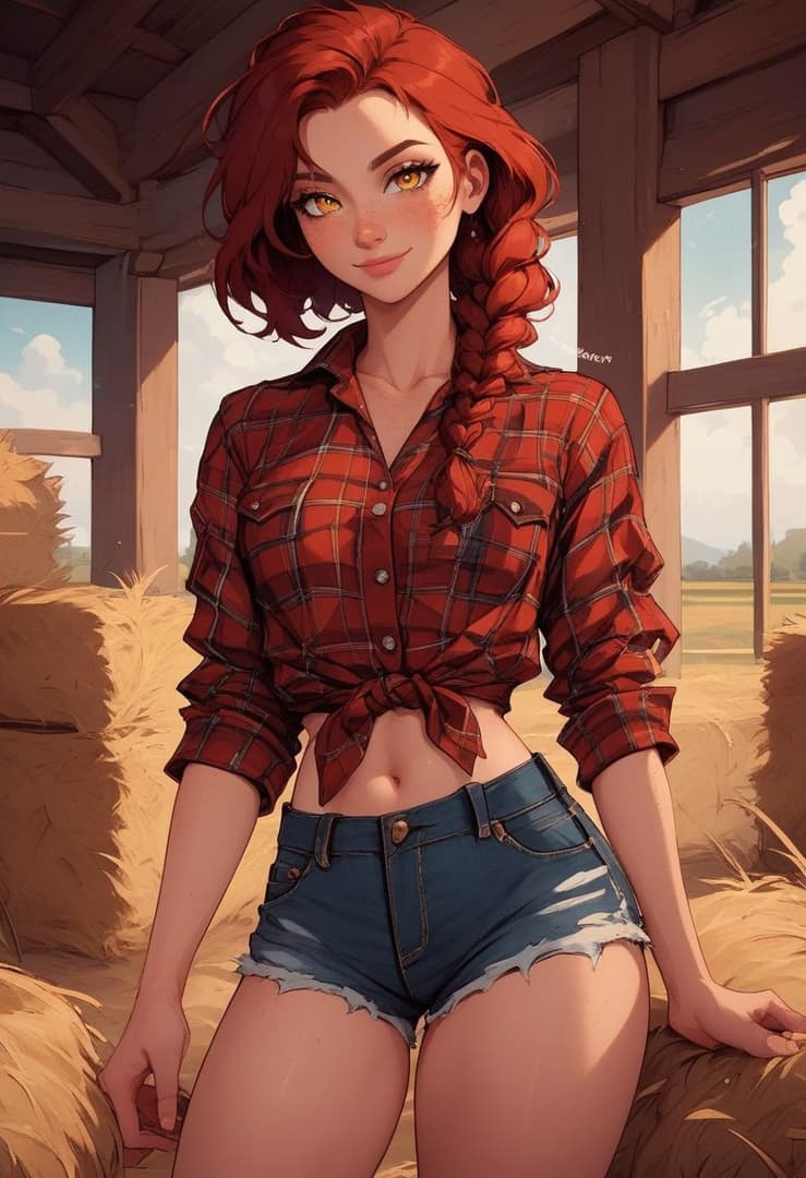 Karakter görseli - sitting in barn, red plaid shirt tied at waist showing midriff, ripped denim shorts, long red braid,