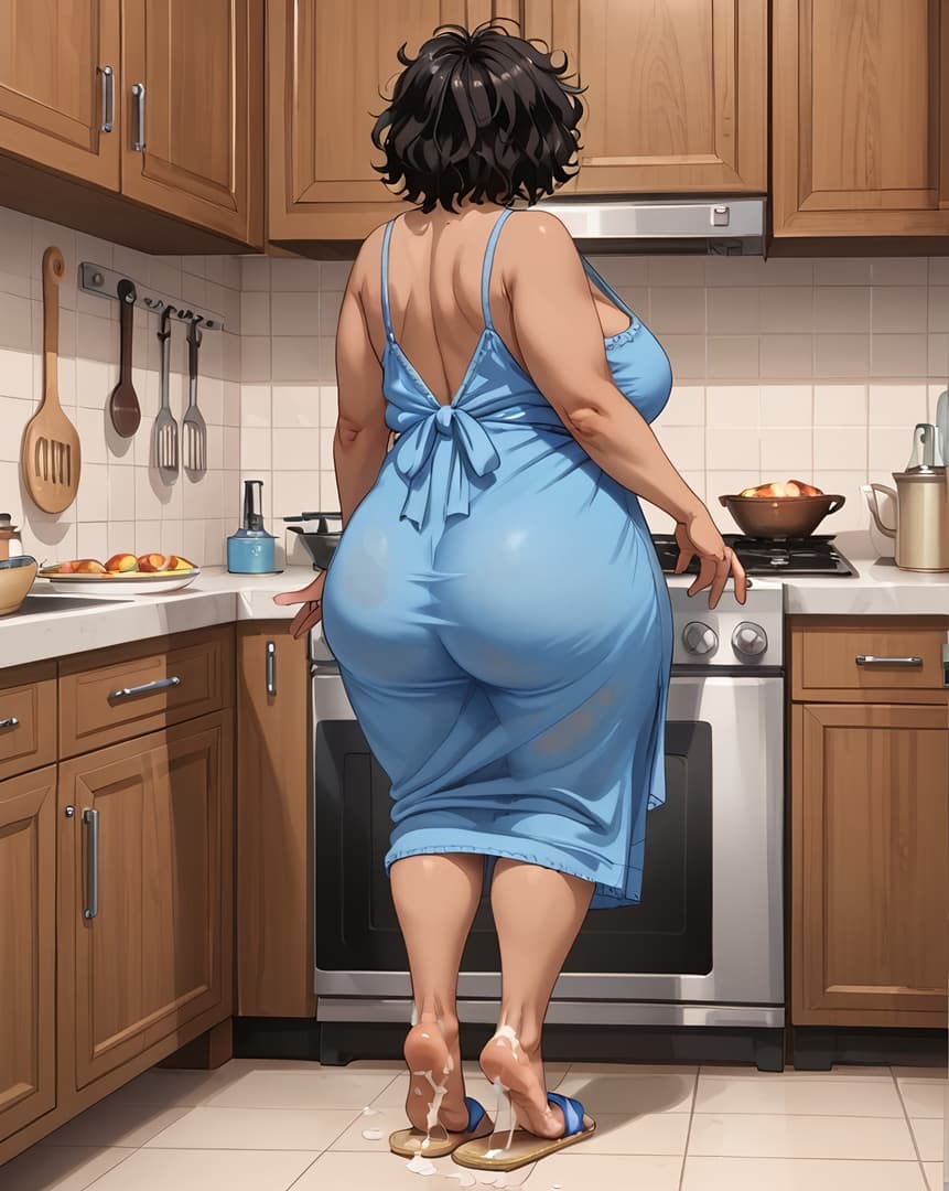 Imagen del personaje - nude in kitchen, standing with back to viewer, legs spread, milk dripping from feet, large breasts a