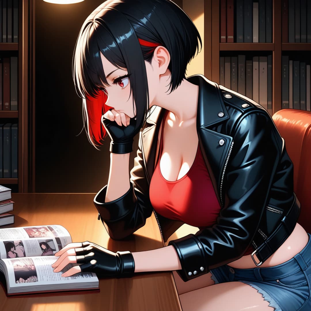 Character image - sitting at a wooden table in a library, wearing a black leather jacket, red top, and denim shorts, w