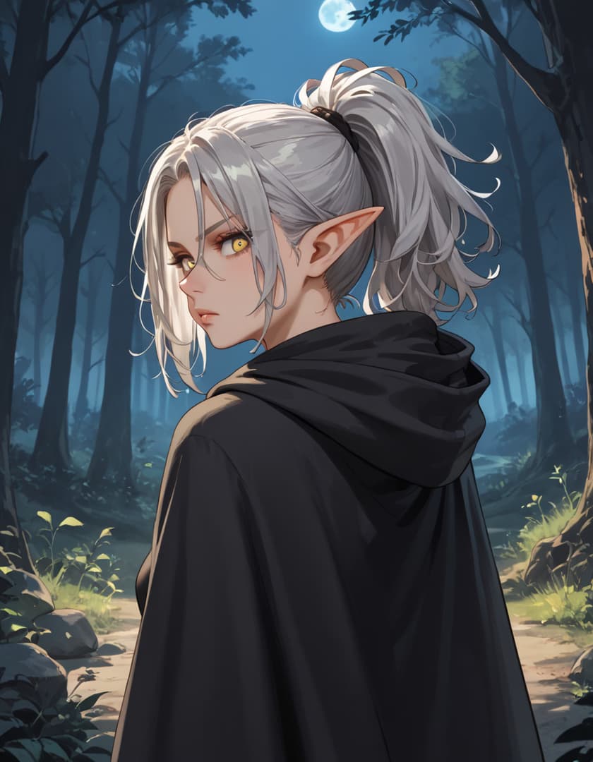 Charakterbild - elf with silver hair in a high ponytail, wearing a black hooded cloak, standing in a moonlit forest,