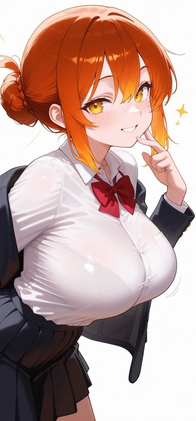 캐릭터 이미지 - smiling with hand near face, wearing school uniform with white shirt and red bow, breasts prominentl