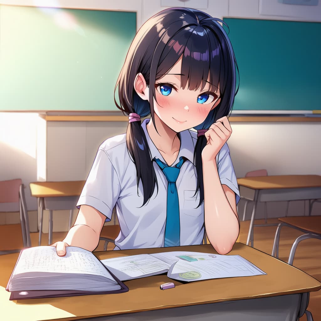 صورة الشخصية - happy and shy expression in classroom, wearing school uniform with white shirt and blue tie, sitting