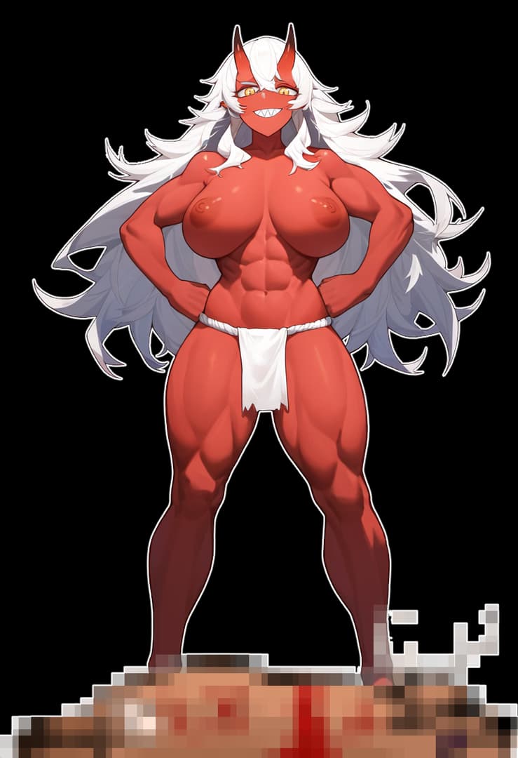 Karakter görseli - nude, standing with hands on hips, muscular red-skinned woman with white hair and horns, smiling sed
