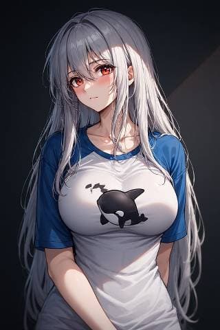 Karakter görseli - seductive expression, sitting, wearing a white and blue t-shirt with orca design, long silver hair,