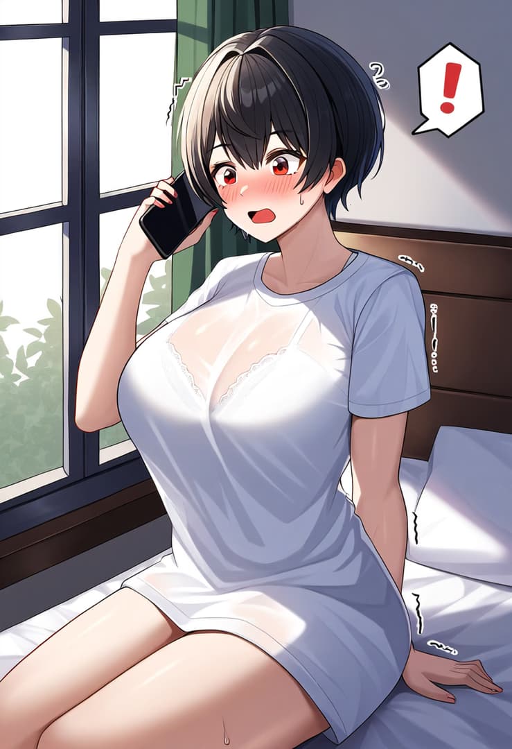 캐릭터 이미지 - sitting on bed, holding phone to ear, shocked expression with wide eyes and blush, wearing sheer whi