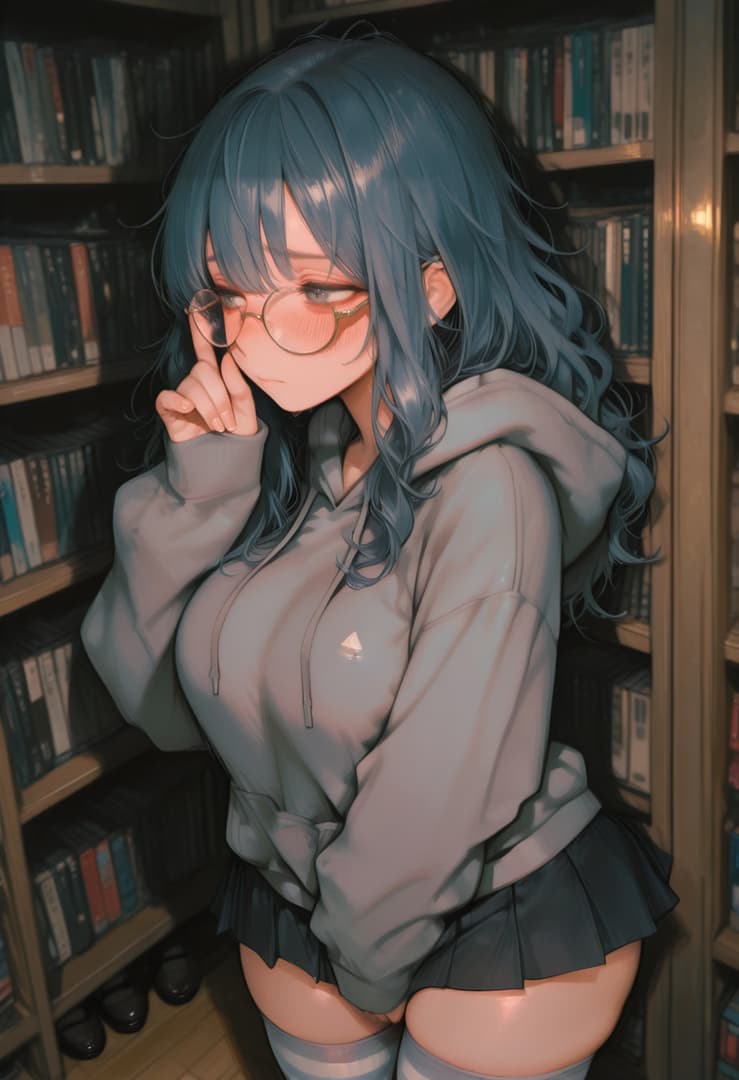 캐릭터 이미지 - shy expression, glasses, hand on chin, in library, wearing hoodie and short skirt, thigh-high socks,