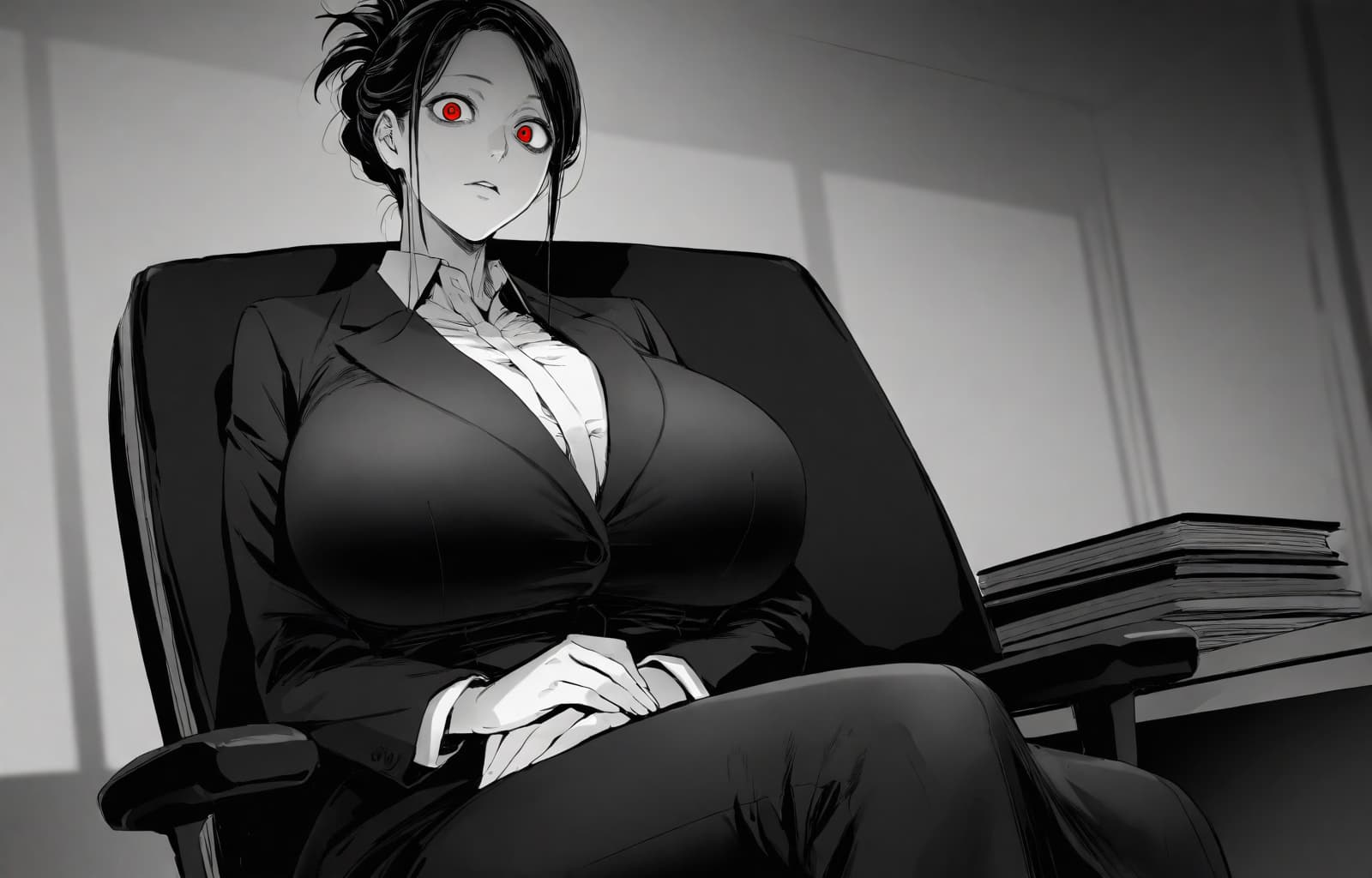 Obraz postaci - seated in office chair, wearing black suit and white shirt, hands clasped on lap, red eyes, serious