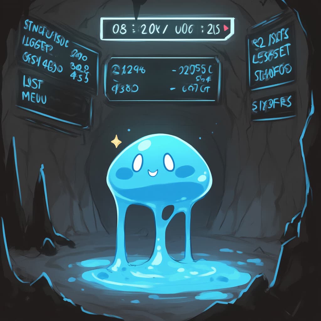 Karakter görseli - blue gelatinous creature with happy expression, glowing in dark cave, surrounded by glowing blue dat