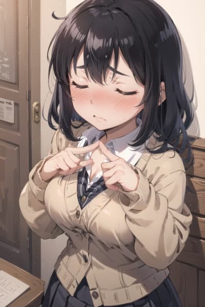 Charakterbild - shy expression, blushing, hands making heart shape over chest, wearing school uniform with cardigan,