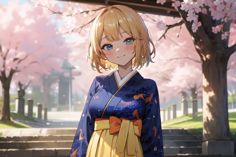 캐릭터 이미지 - happy smile in outdoor garden, wearing blue kimono with orange patterns and yellow obi, standing und