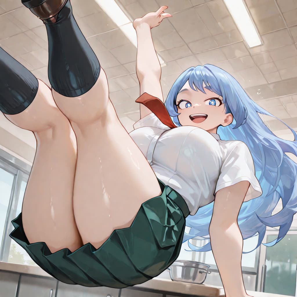 Karakter görseli - nude in kitchen, legs spread wide, arms raised, joyful expression, blue hair, wet skin, playful and