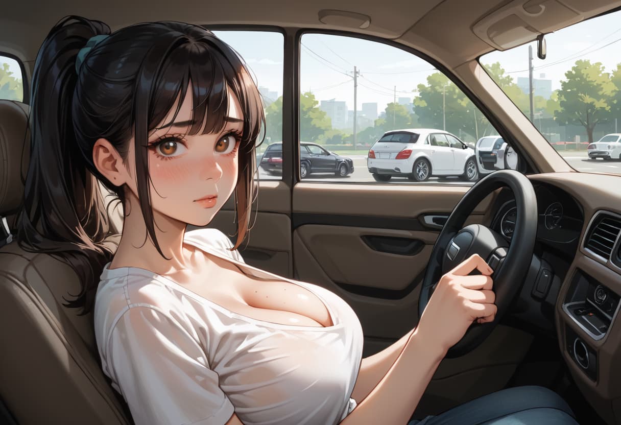 캐릭터 이미지 - seductive expression in car, sitting in driver's seat, white top with low neckline exposing cleavage