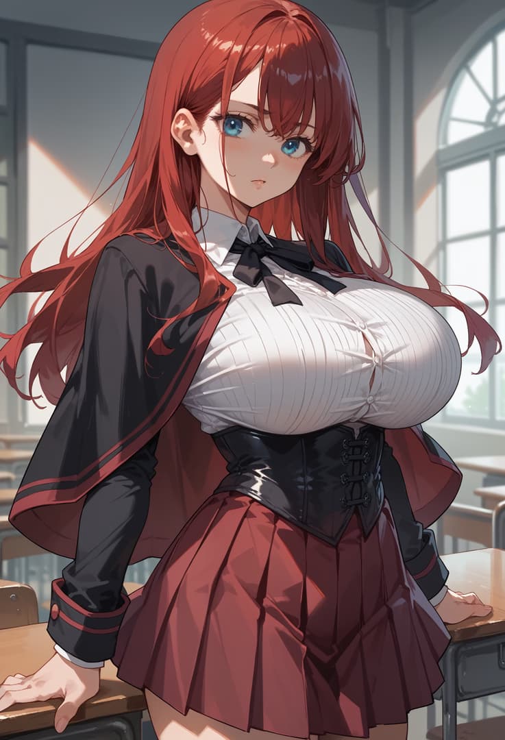 Charakterbild - in classroom, fully clothed in school uniform, standing with hands on desks, seductive expression, b